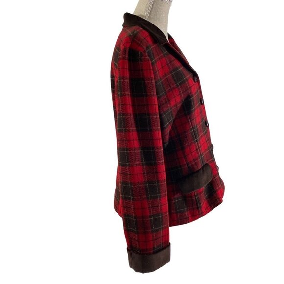 Liz Sport Red Black Plaid 5-Button Wool Blazer Sz 14P Brown Contrast Jacket EUC - Picture 8 of 13